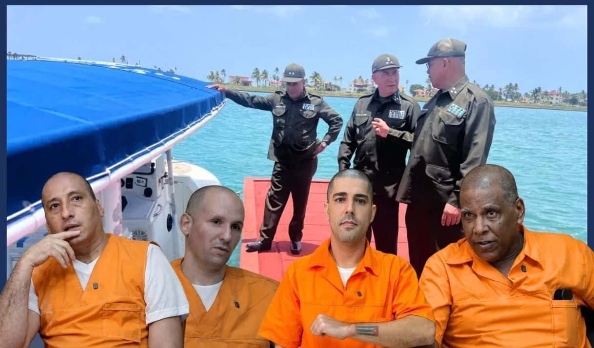 Desde la izquierda, abajo: Leordán E. Cruz, Christian E. Acosta, José M. Rodríguez y Conrado Galindo. Al fondo: oficiales del Minint junto al bote utilizado para la operación. (Collage de elTOQUE con fotos de Belly of the Beast)