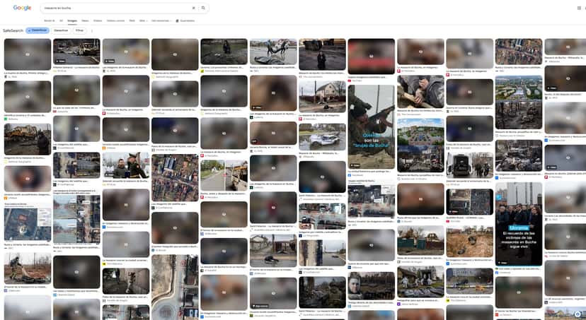 Resultados de una búsqueda de imágenes sobre la masacre de Bucha. La crudeza de algunas de las escenas ha llevado a que parte de las imágenes aparezca desenfocada. Mientras el registro visual disponible muestra la dimensión de la violencia y sus víctimas, esa evidencia no aparece de forma sustantiva en el corpus de los tres medios analizados.